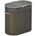 100 L Wäschekorb mit Deckel, Griff, 2 Abschnitte, herausnehmbarer Wäschesack, für Schlafzimmer, Badezimmer, Bambus, Grau