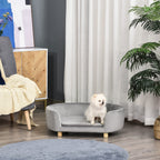 Hundesofa Hundebett aus holländischem Samt Hundecouch mit Rückenlehne, Holzbeine, Kissen, Katzensofa mit weicher Polsterung für kleine Hunde 86 x 55 x 33 cm Hellgrau