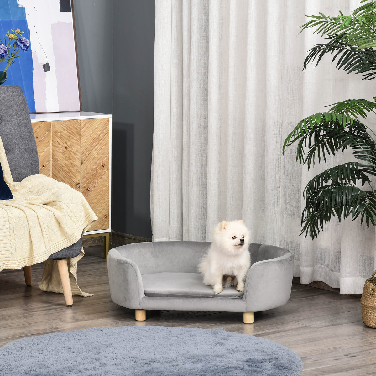 Hundesofa Hundebett aus holländischem Samt Hundecouch mit Rückenlehne, Holzbeine, Kissen, Katzensofa mit weicher Polsterung für kleine Hunde 86 x 55 x 33 cm Hellgrau