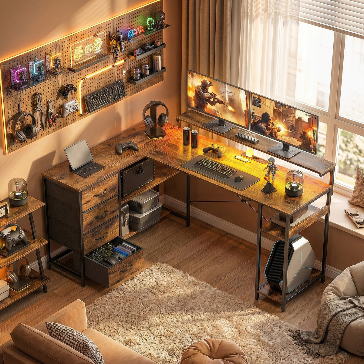 Gaming Tisch L-förmig Schreibtisch mit Stromanschluss LED-Beleuchtung 4 Schubladen Monitorständer 155x110x91,4 cm Braun