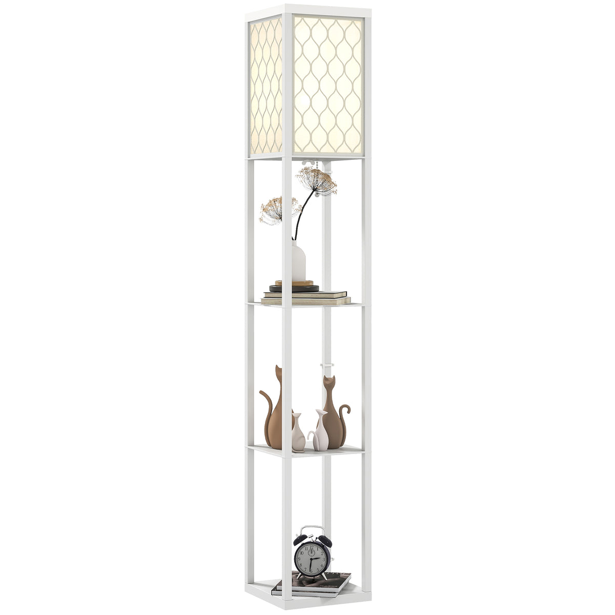 Stehlampe mit Regal, 3 Fächer, kompakte Maße, MDF, Weiß
