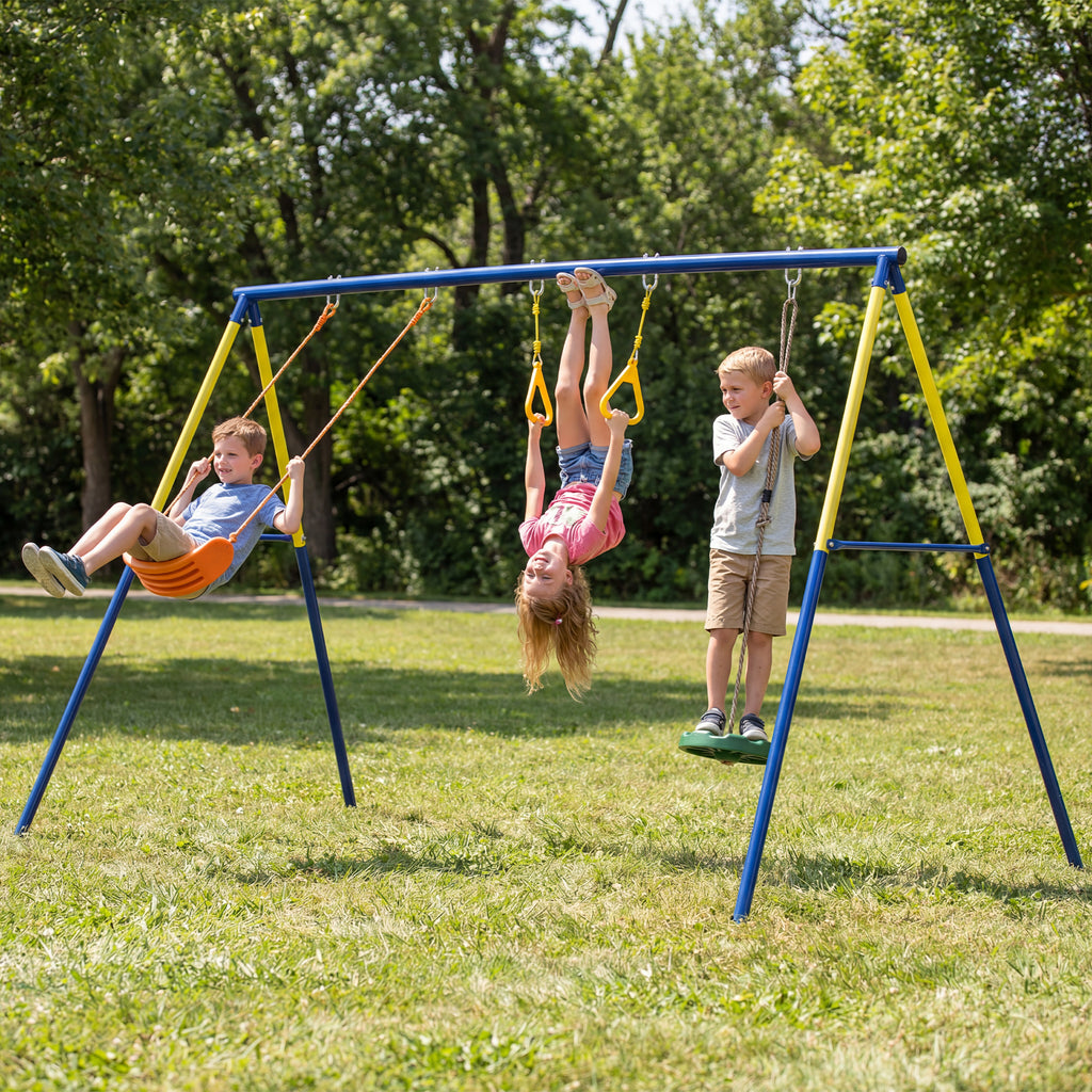 Schaukelgestell bis 150 kg 3-in-1 Kinderschaukel mit klassischer Schaukel, Turnringe, Stehschaukel, 285x160x181 cm