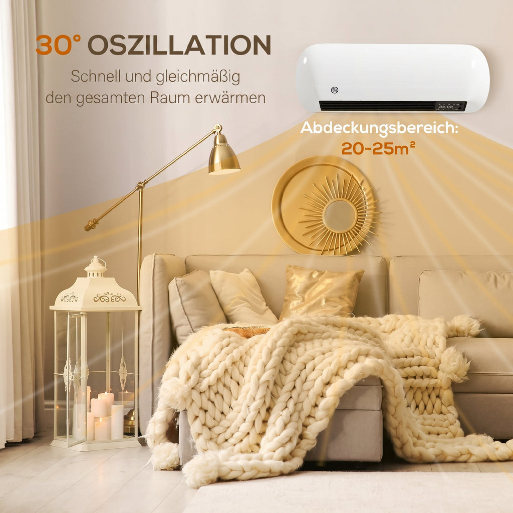 Wand Heizlüfter 2000W Keramik Wandheizgerät mit Ventilator, 2 Leistungsstufen, LED-Display, Thermostat, Weiß