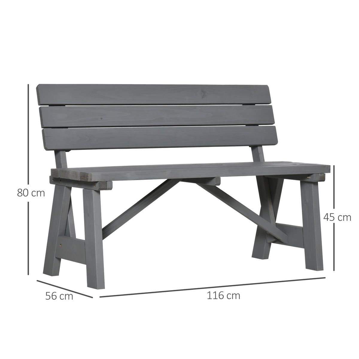 2-Sitzer Gartenbank Holz, wetterfest Sitzbank, UV-Beständig Gartenmöbel mit Rückenlehnen 116 x 56 x 80 cm, Grau