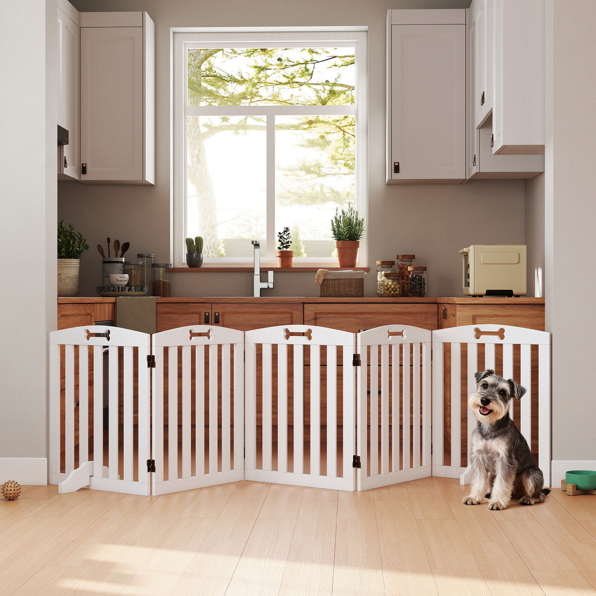 Freistehendes Hundegitter mit Stützfüßen, für Türrahmen, Flur, Treppe, 258 x 30 x 61 cm, Weiß