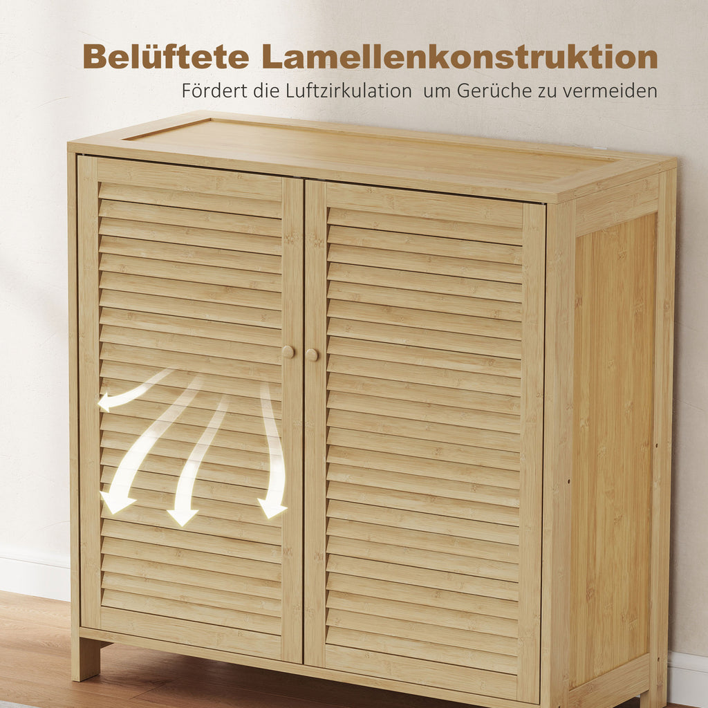 Bamboo Shoe Cabinet with Louvered Doors, 14 Pairs Shoe Storage Cabinet with Adjustable Shelves for Hallway, Natural