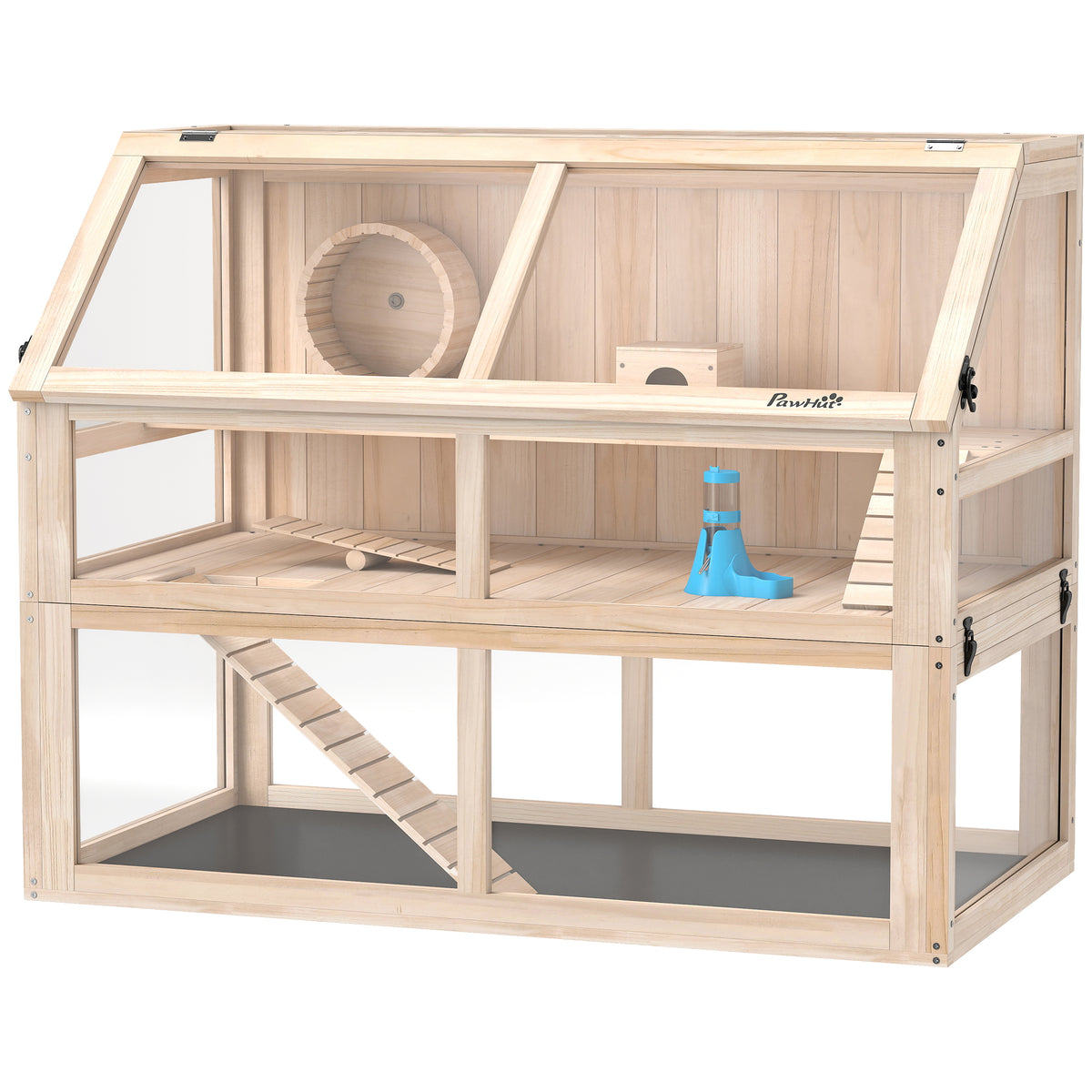 Hamsterkäfig aus Holz 3 Etagen Nagerkäfig Kleintierkäfig mit Wippe Laufrad Hütte 95 x 53 x 76 cm Naturholz