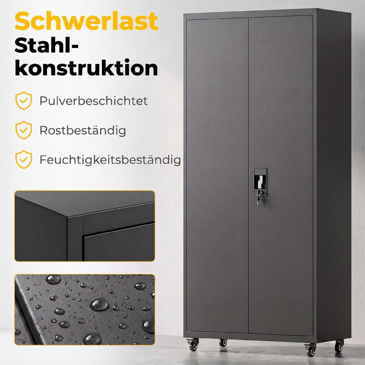 Metal Storage Cabinet, 180 cm Tall Lockable Steel Tool Cabinet with Removable Wheels and Adjustable Shelves, Black