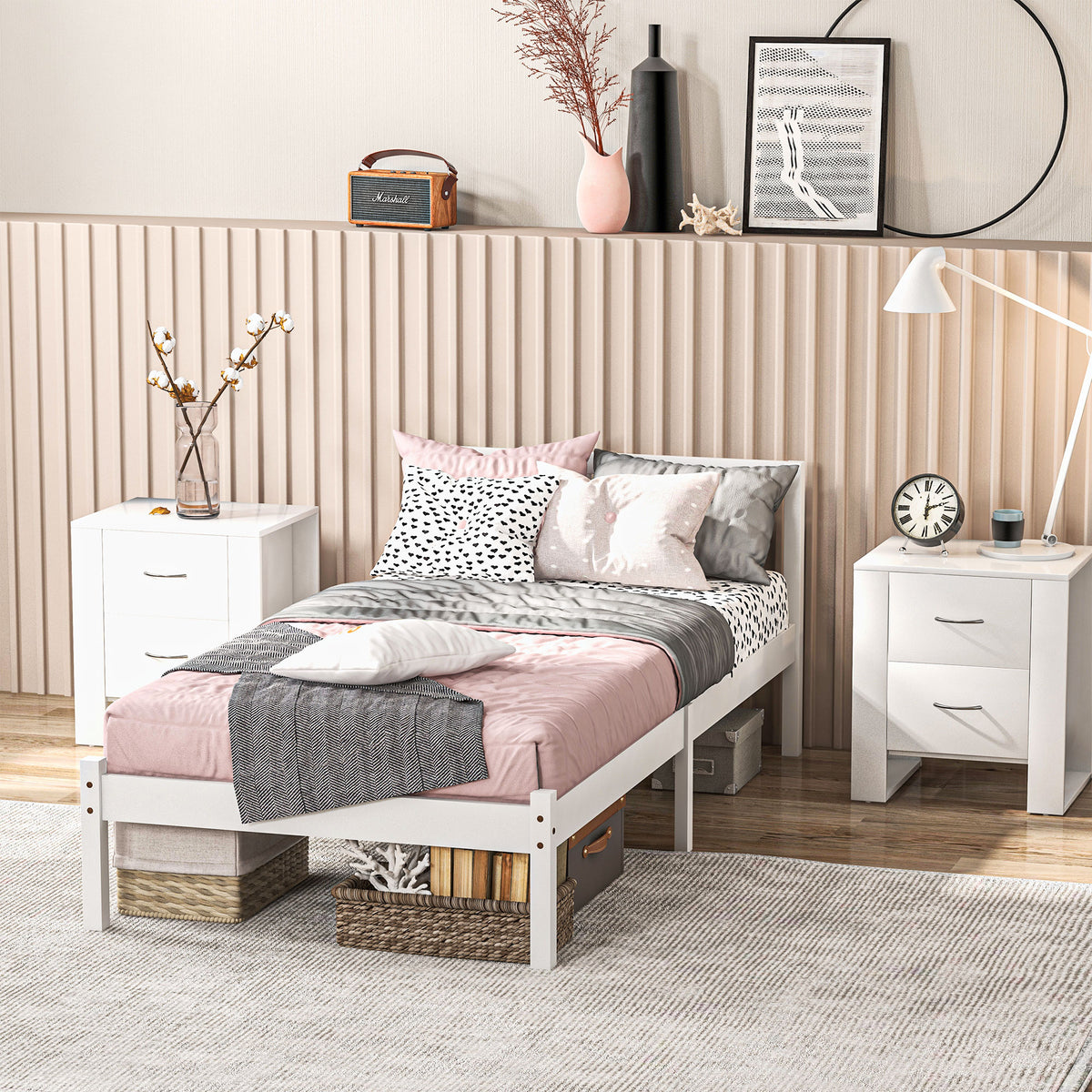 Einzelbettgestell, Kopfteil & Lattenrost, 26cm Freiraum unter Bett, Kiefernholz, 208x96x70 cm, Wei?