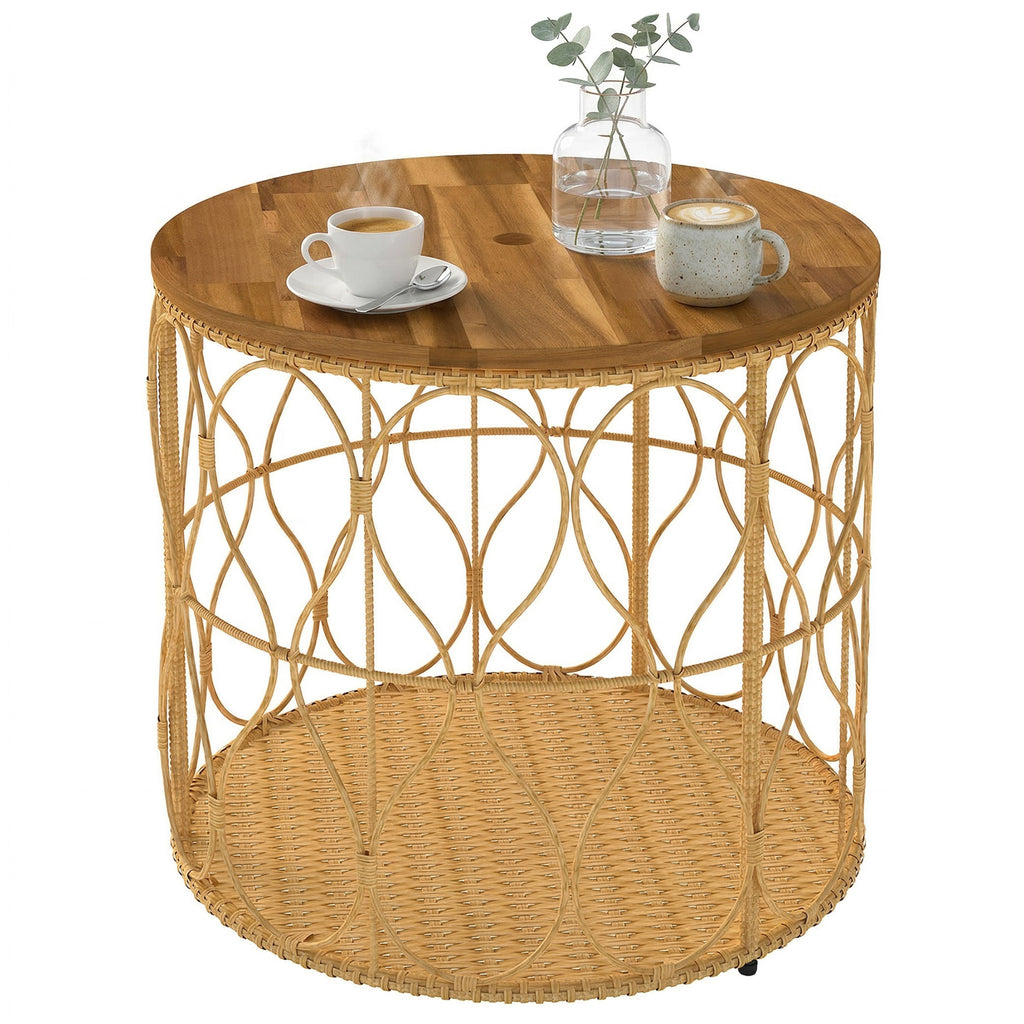 Beistelltisch Ø50 cm wetterfest Gartentisch mit Rattanoptik Akazienholzplatte verstellbaren Füßen Teak