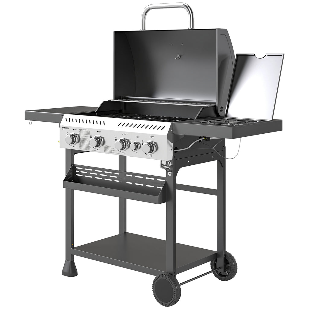 Gasgrill, BBQ-Grill, 4 Hauptbrenner, 1 Seitenkocher, 1 Warmhalteplatte; 135 x 55 x 103 cm, Schwarz