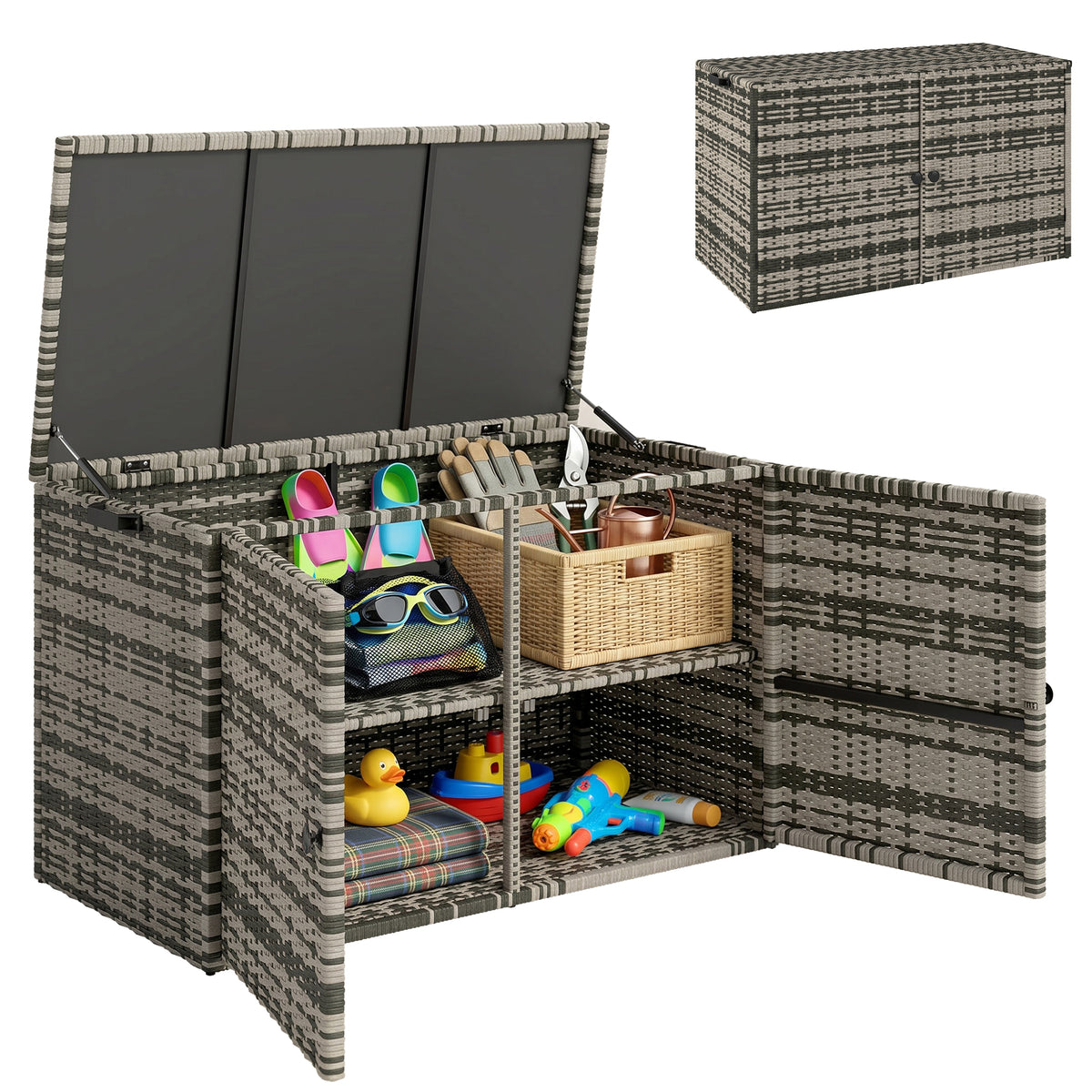 Rattan Auflagenbox 350L 2-Ebenne Kissenbox mit Deckel Hebestangen Tragegriffe 118 x 57 x 69 cm Mischgrau