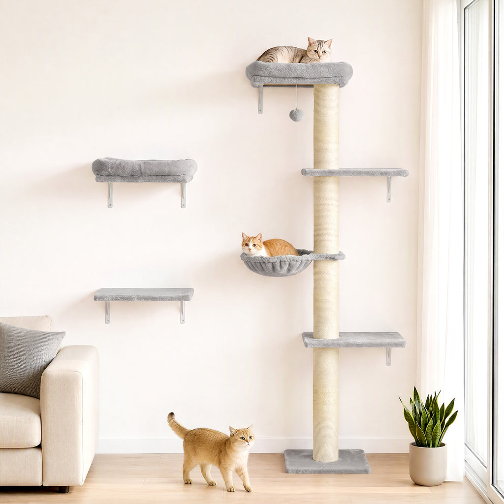 Kletterwand Katzen, 3-teilig Katzenkletterwand Set, Katzen Wandelemente mit Kratzbaum, Plattformen Hängematte