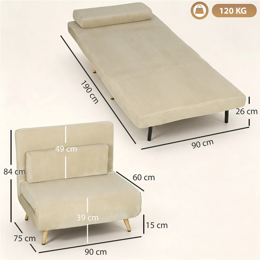 Schlafsessel 3 in 1 Schlafsofa mit Bettfunktion, 90x190cm Beige