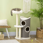 Kratzbaum mit Katzenbett u. Kratztonne für Katzen, 60 cm x 44,5 cm x 109 cm, Grau + Natur + Weiß