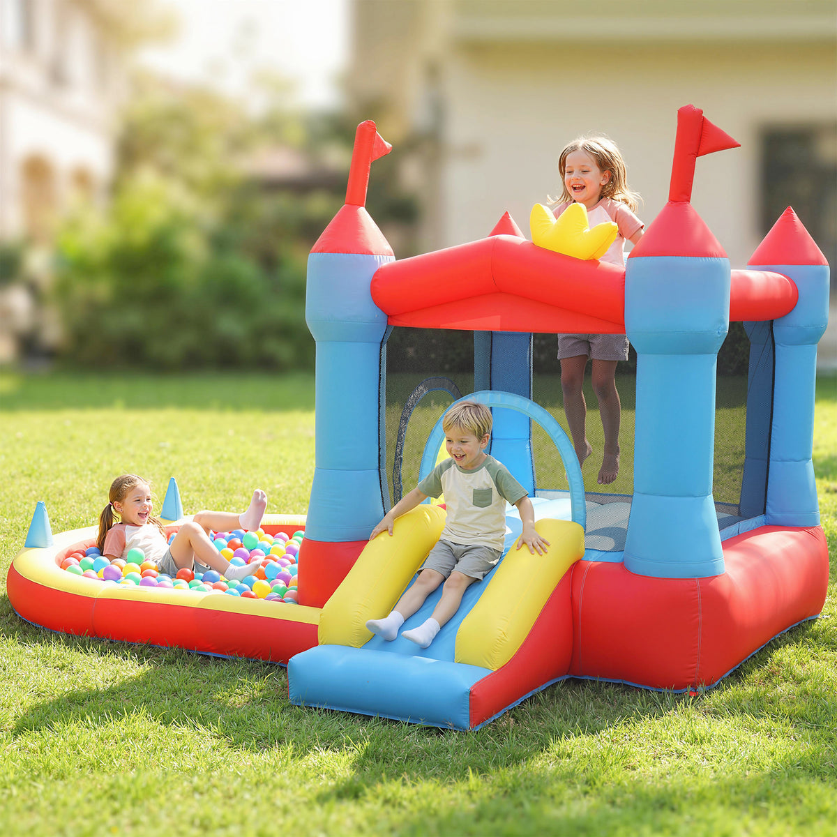 Aufblasbar Hüpfburg mit Gebläse Rutsche Trampolin Planschbecken/Bällebad Wasserpistole 342x255x209 cm Blau