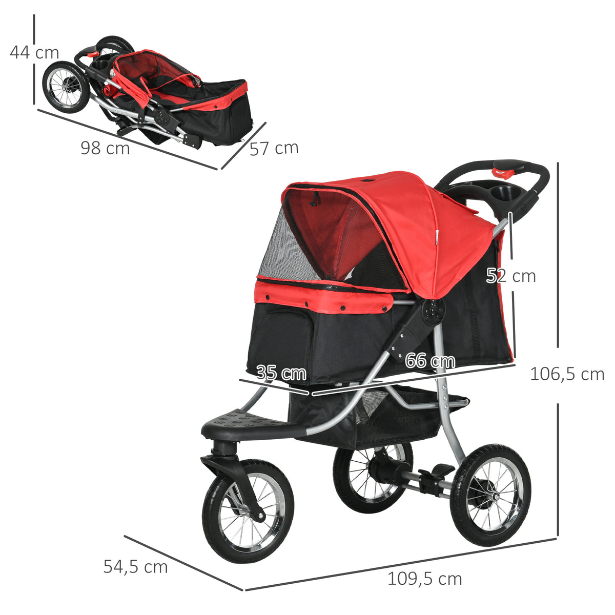 Hundewagen klappbar Hundebuggy für Hunde & Katzen bis 10 kg Katzenbuggy mit Netzfenstern Getränkbehalter Aufbewahrungskorb Katzenwagen Buggy Rot