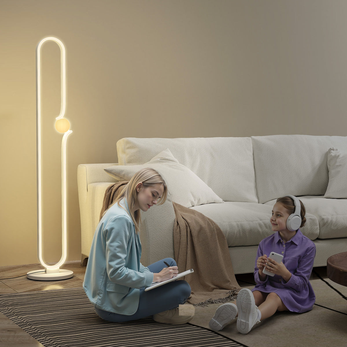 LED-Bodenlampe, Musiknoten-Design, Glasschirm, Metall, Kunststoff, Weiß