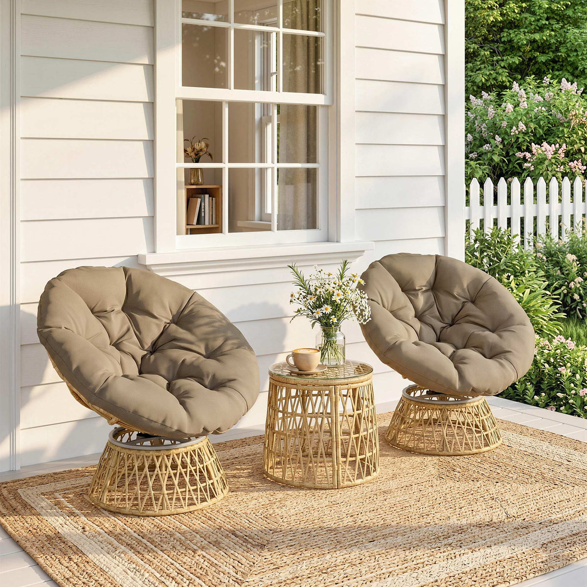 Bistro-Set Balkon-Set Terrassenset, wetterbeständig, abnehmbare Polster, 85 cm x 70 cm x 82 cm, Natur +Hellbraun
