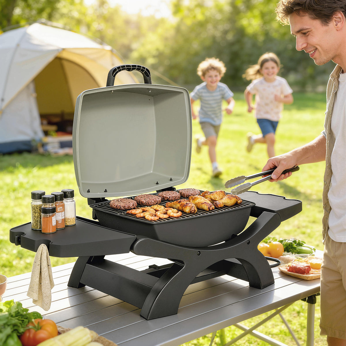 Tischgrill Elektrisch 2300W 23x71 cm tragbar Elektrogrill mit Antihaftbeschichtete Grillrosten Fettauffangschale