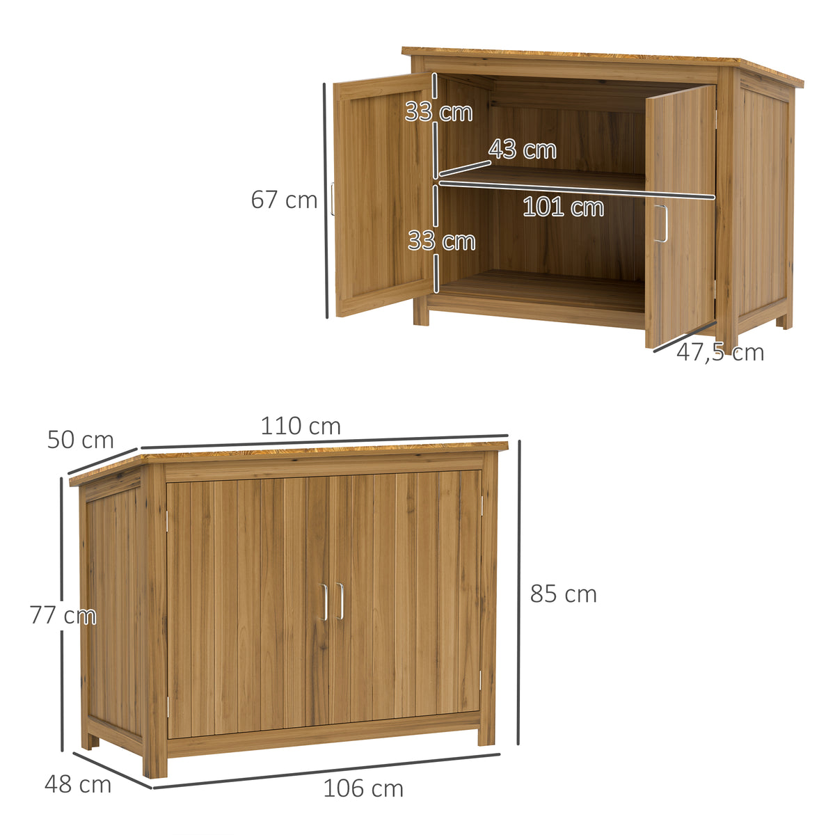 Gartenschrank, Holzkommode mit 2 Regalen für Garten, Terrasse, Wetterfest, 110 x 50 x 85 cm, Braun