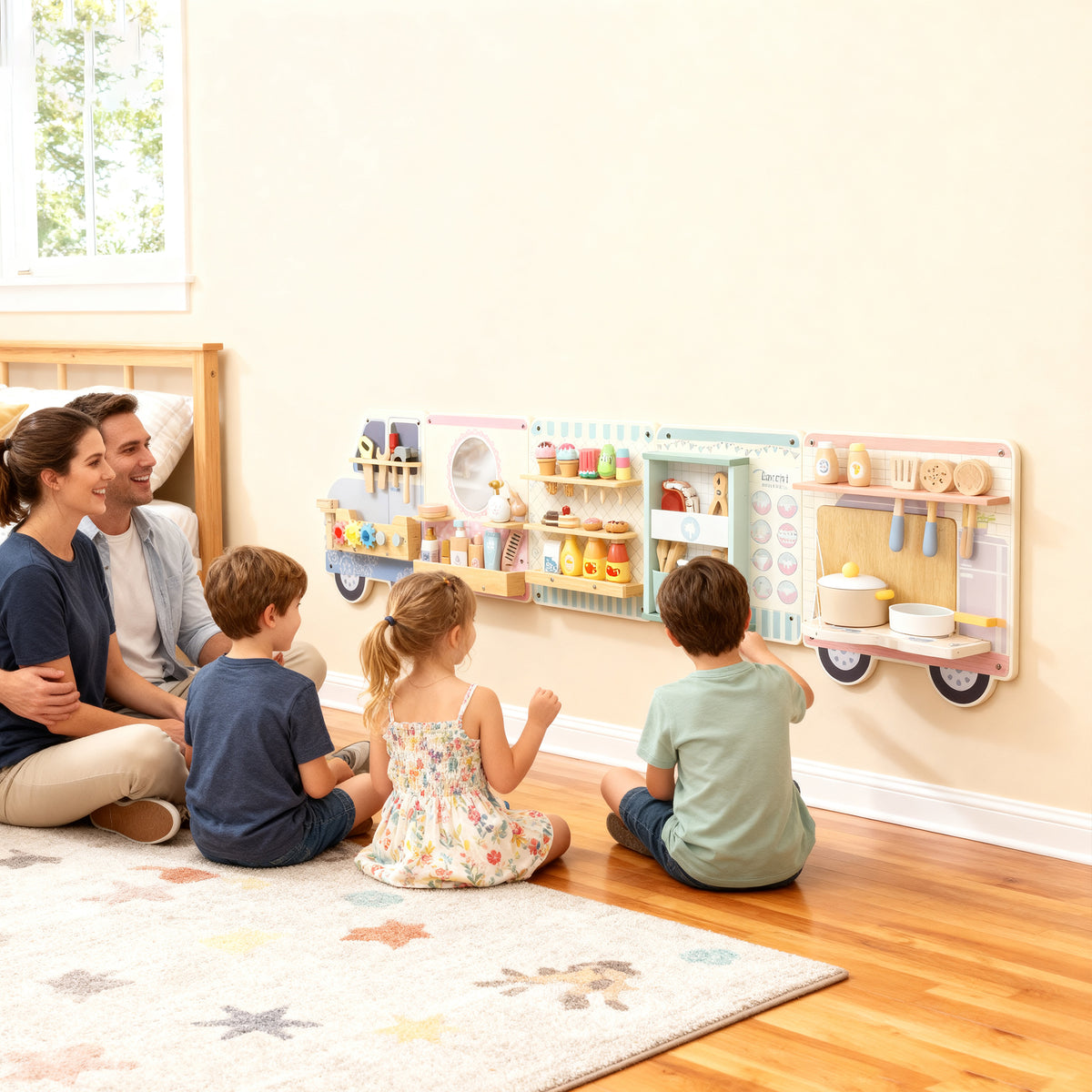 Wooden Busy Board, 5 in 1 Activity Wall Panels for Kids 3+ Years, for Daycare, Playroom, Home