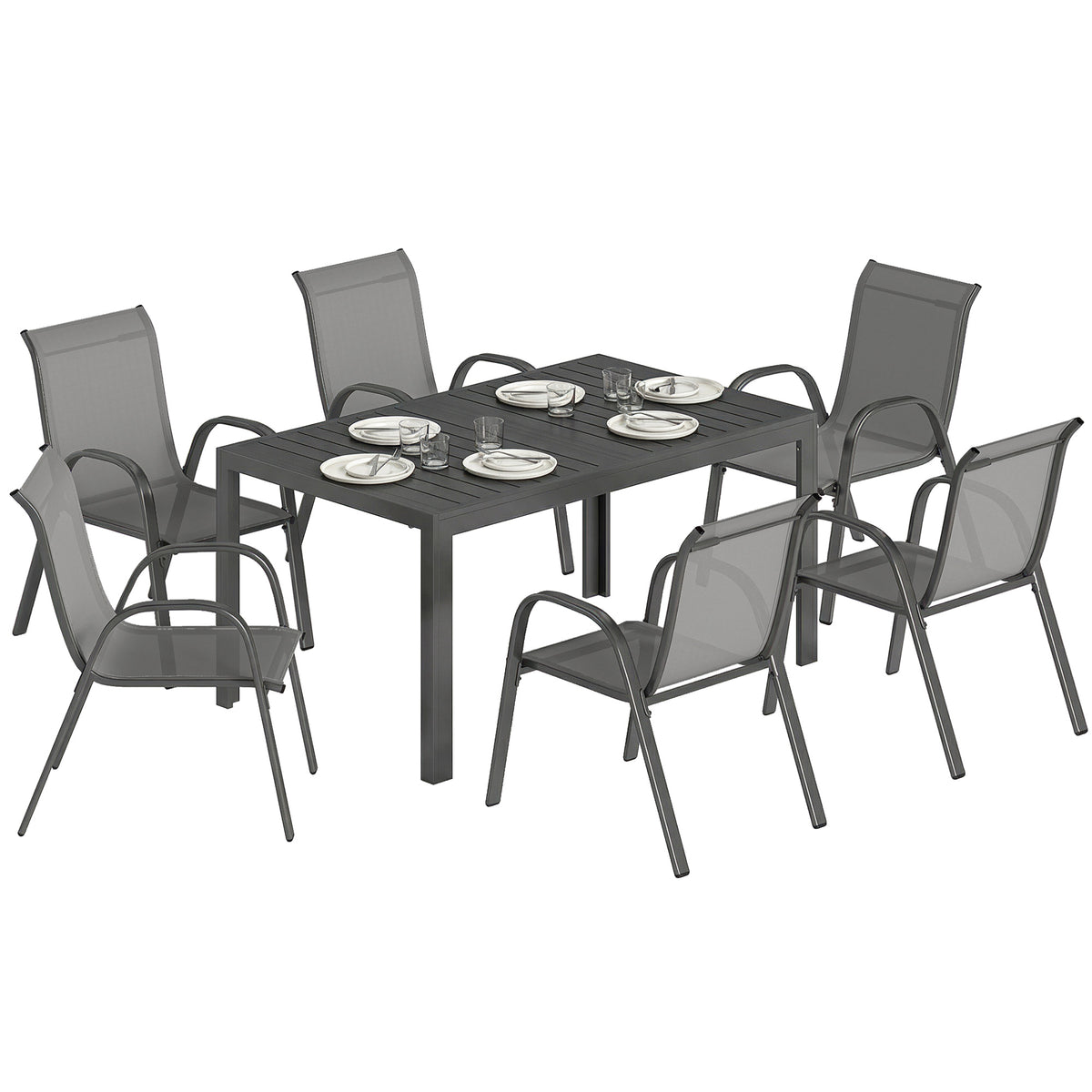 Gartenmöbel Set Sitzgruppe 7-teilig Tisch mit 6 Atmungsaktiven Stapelstühlen Lamelldesign Hellgrau