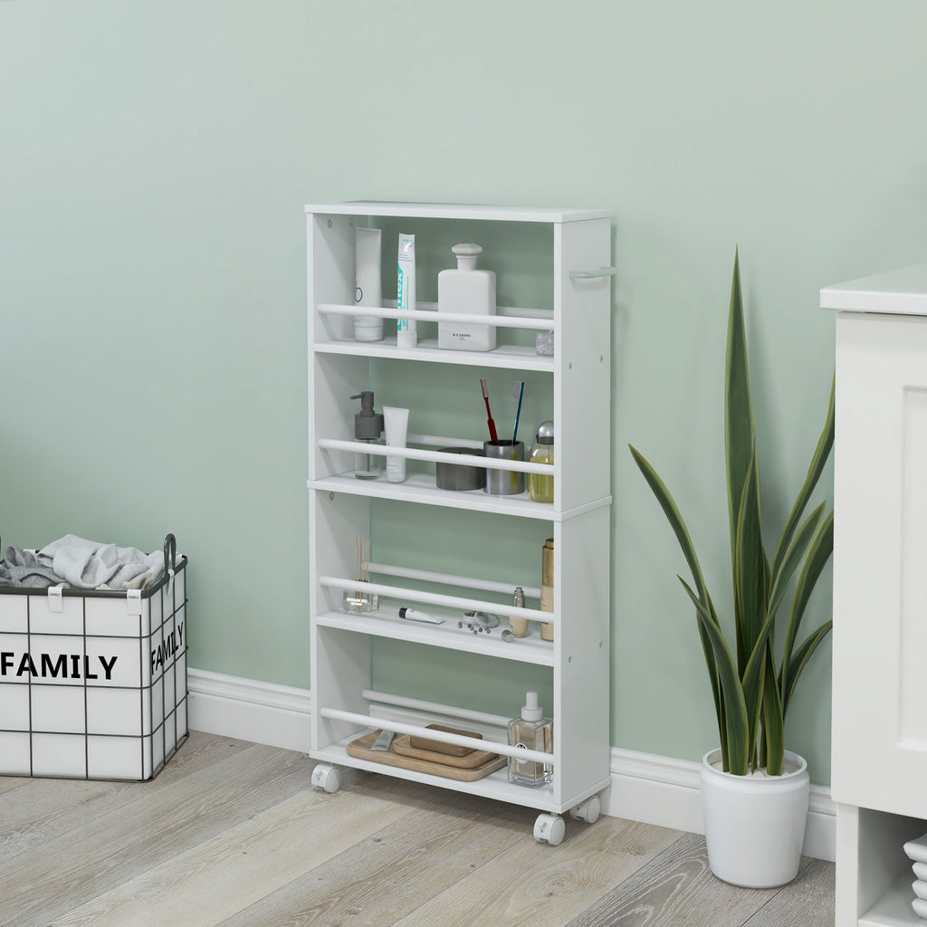 Multifunktionsregal mit Rollen, schmale Bauweise, 4 F?cher, 45x15x91 cm, Wei?