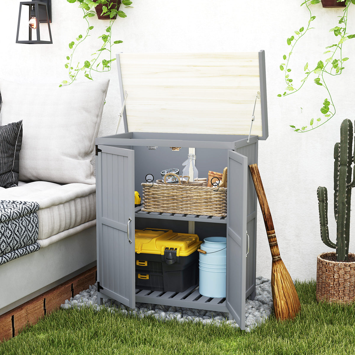Gartenschrank, Werkzeugschrank für den Außenbereich, mit Arbeitsfläche, Holz und Edelstahl, Doppeltüren, Grau