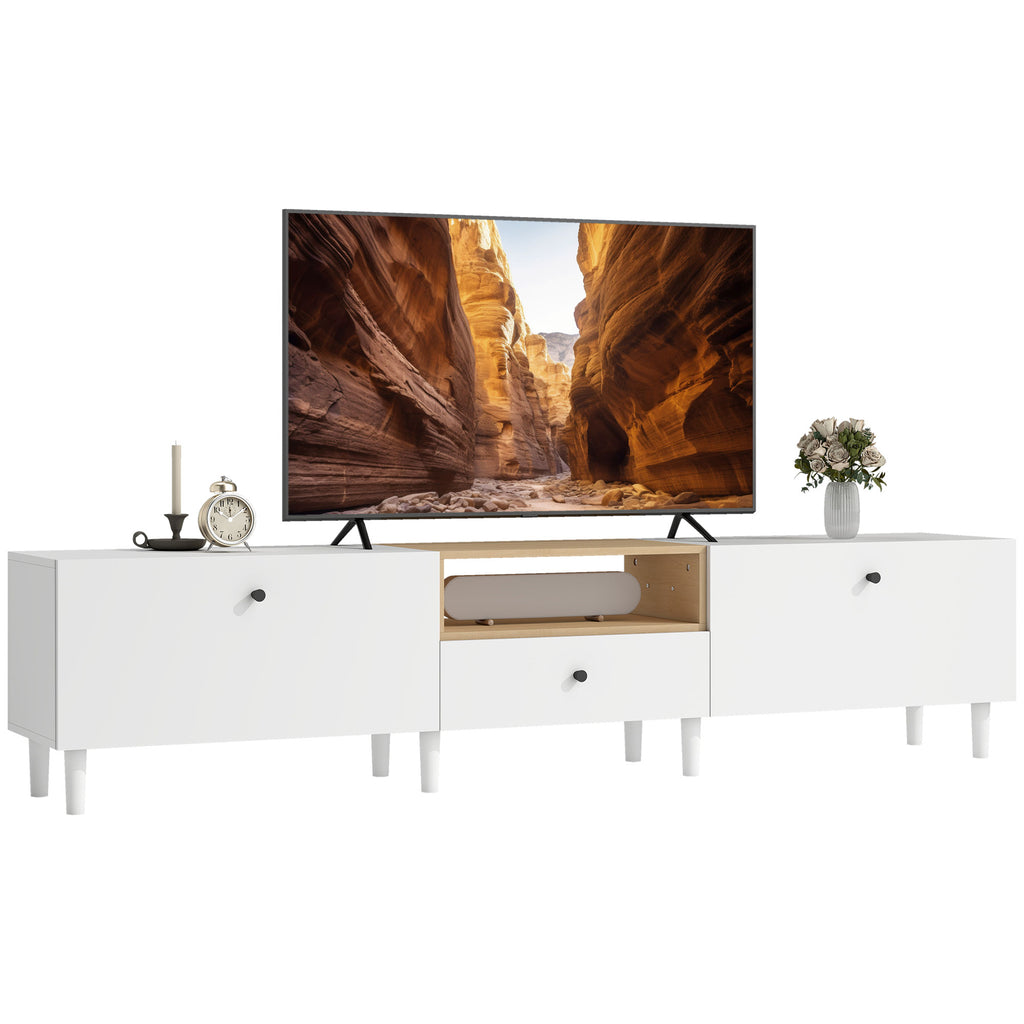 200 cm TV-Kommode für Fernseher bis zu 90 Zoll, 2 Klappenfächer, offenes Fach, Schublade, 8 Beine, Spanplatte, Weiß