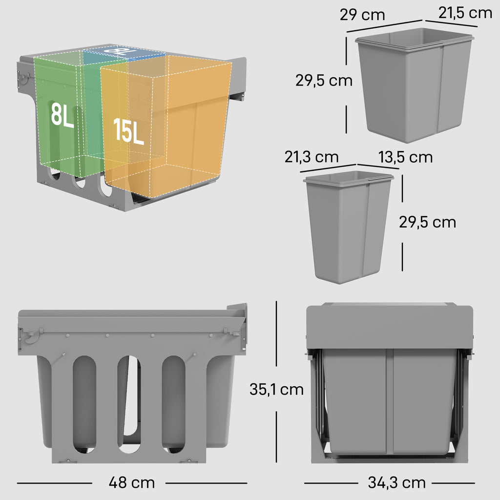 Pull Out Bin, Under Sink Bin - 3 Removable Compartments (15L + 2 x 8L) for 400mm Cabinets, Light Grey