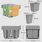Pull Out Bin, Under Sink Bin - 3 Removable Compartments (15L + 2 x 8L) for 400mm Cabinets, Light Grey