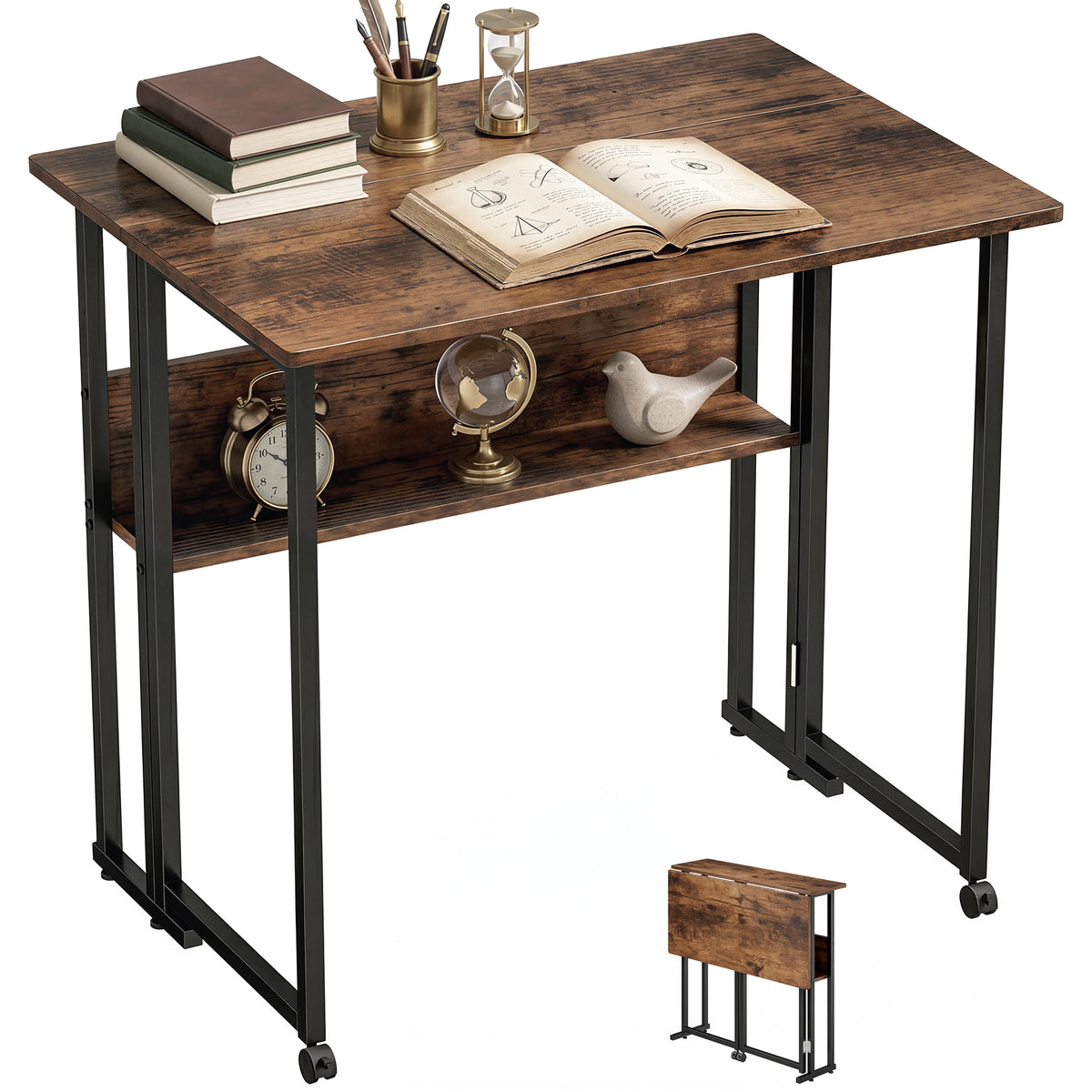 Klappbarer Schreibtisch mit Ablagefach, 80 cm Klapptisch für kleine Räume, Büro, Rustikales Braun
