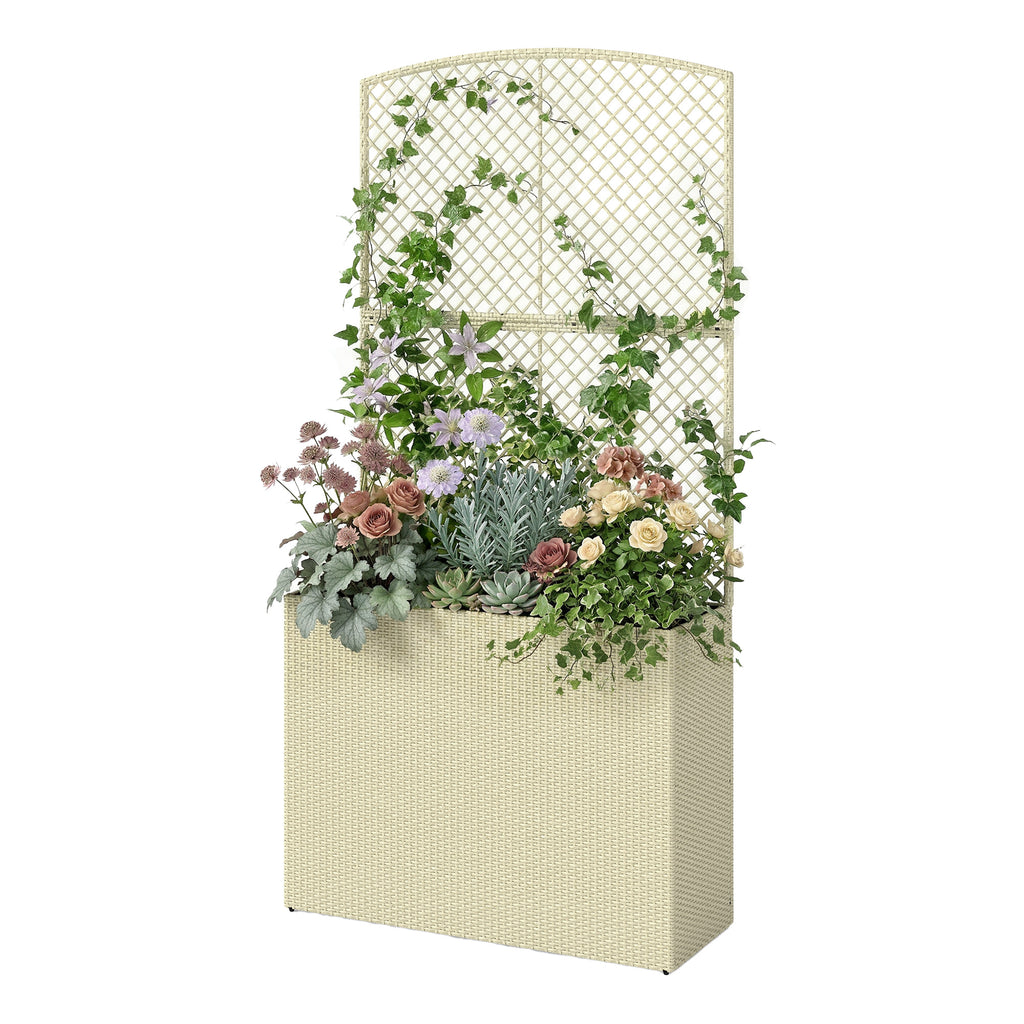 Hochbeet mit Rankgitter in Rattan-Optik Pflanzkasten für Kletterpflanzen für Garten, Balkon, 80 x 30 x 163 cm, Beige