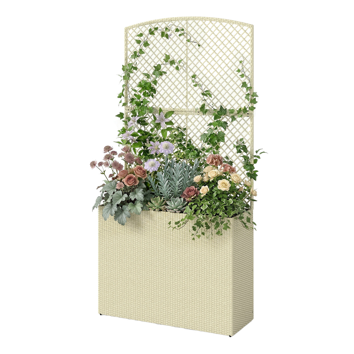 Hochbeet mit Rankgitter in Rattan-Optik Pflanzkasten für Kletterpflanzen für Garten, Balkon, 80 x 30 x 163 cm, Beige