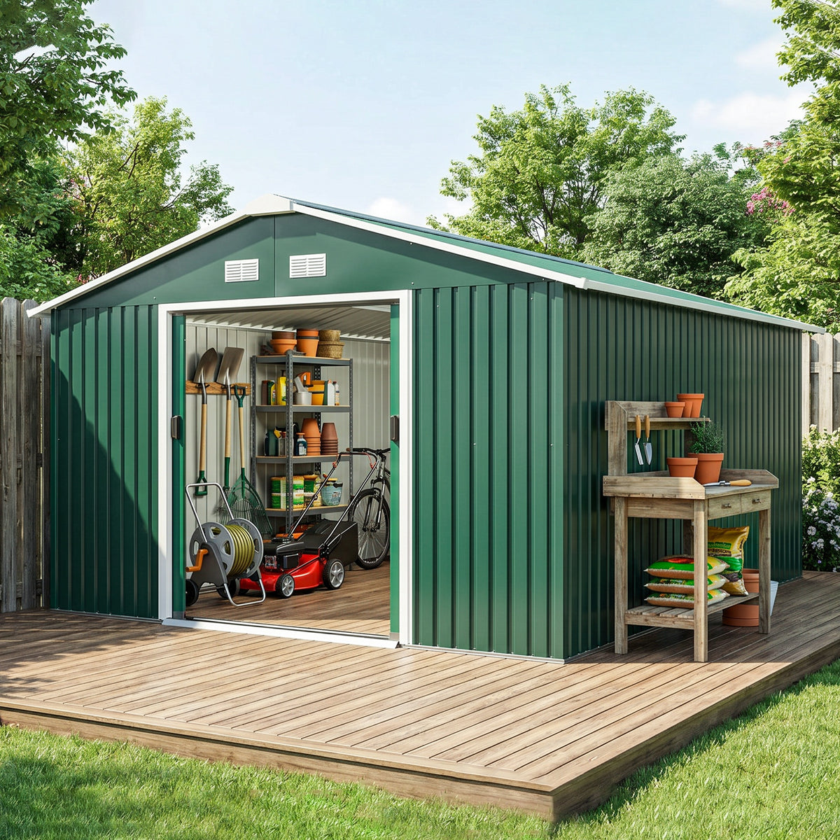 12.5 x 11.1ft Steel Sliding Door Storage Shed - Green