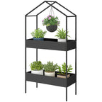 2 Tier Plant Stand, Outdoor Indoor Metal Plant Stand with Hook, House-Shaped Pots Holder Display Rack, Black