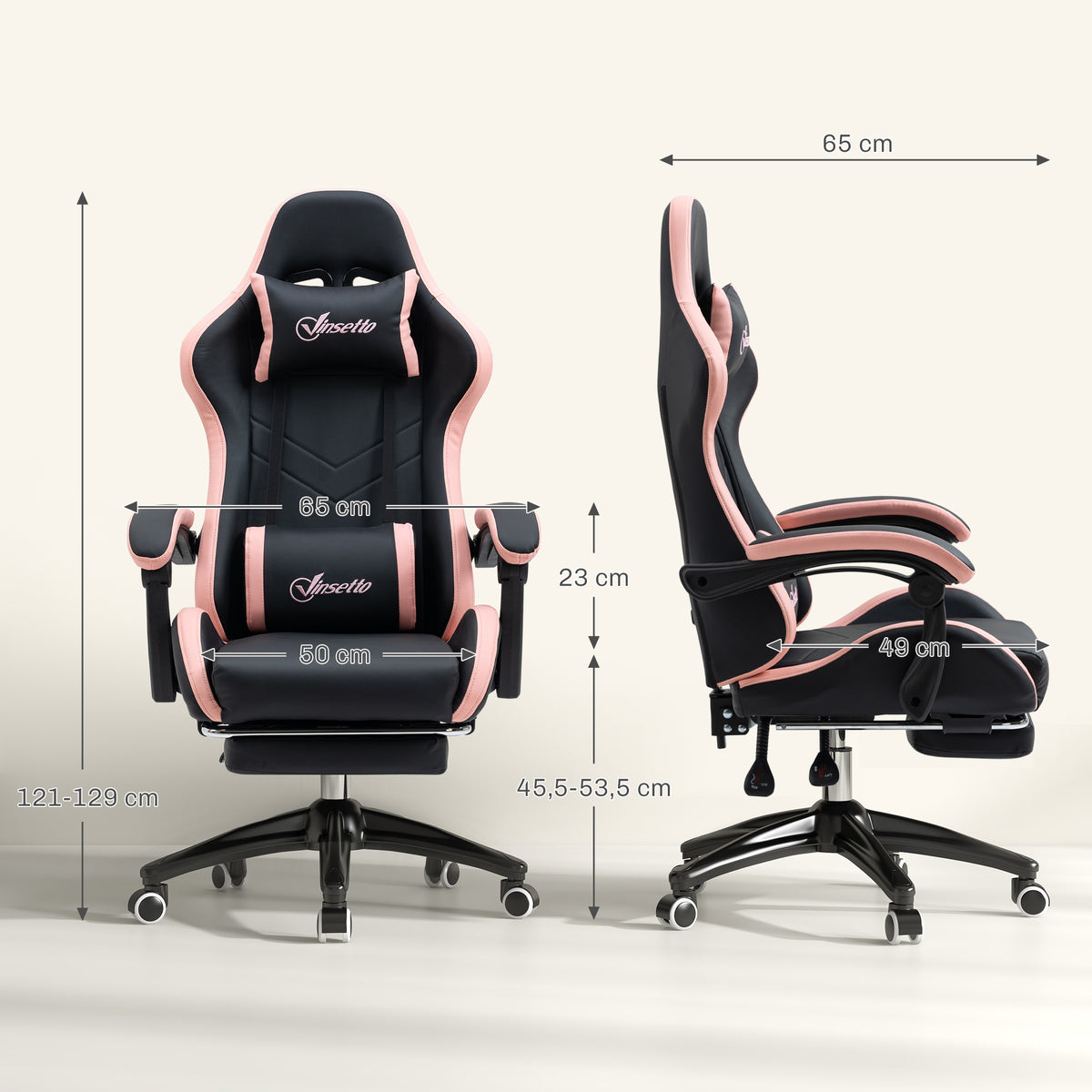 Bürostuhl, Gamingstuhl, 1 Kopfstütze, 1 Lendenstütze, Rosa + Schwarz