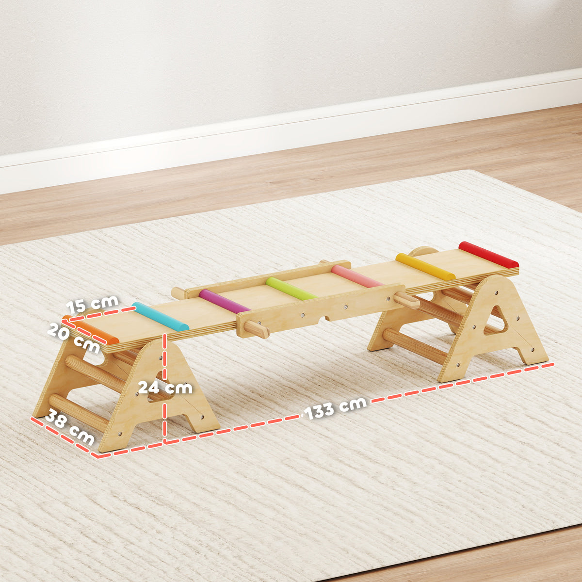 2 In 1 Balance Wippe Kinder, Schwebebalken aus Holz, Wippe Schaukelwippe Garten, Balance Board 133 x 38 x 24 cm