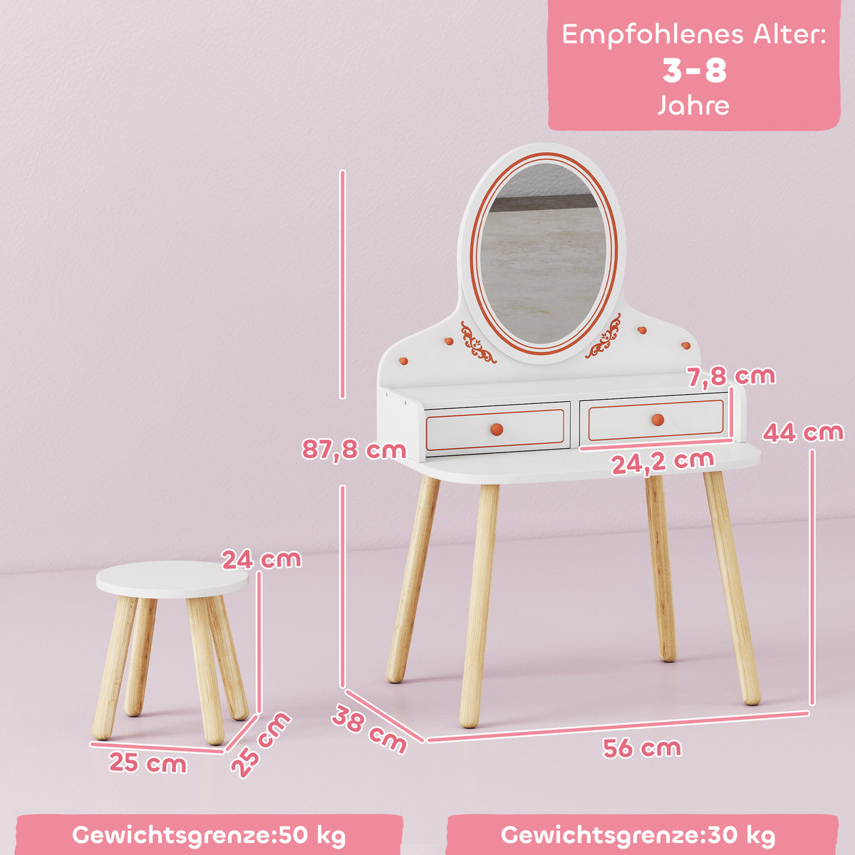 Kinder Schminktisch Set Frisiertisch mit Hocker Spiegel Schubladen Kleiderstangen für 3-8 Jahre 56 x 38 x 87,8 cm Weiß
