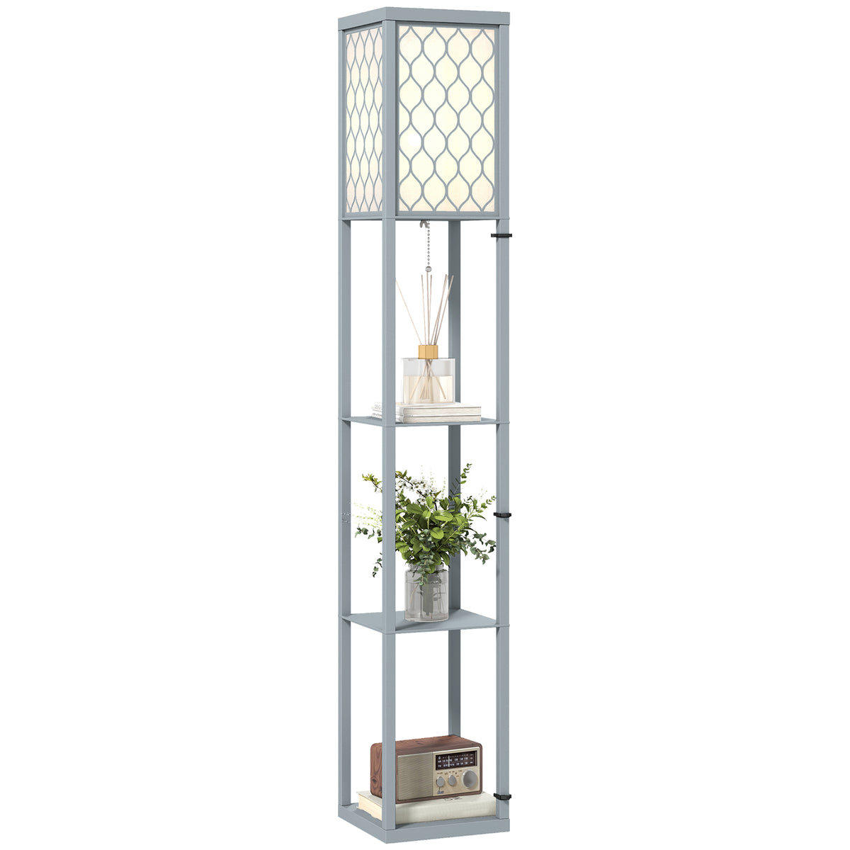 Stehlampe mit Regal, 3 Fächer, kompakte Maße, MDF, Hellgrau