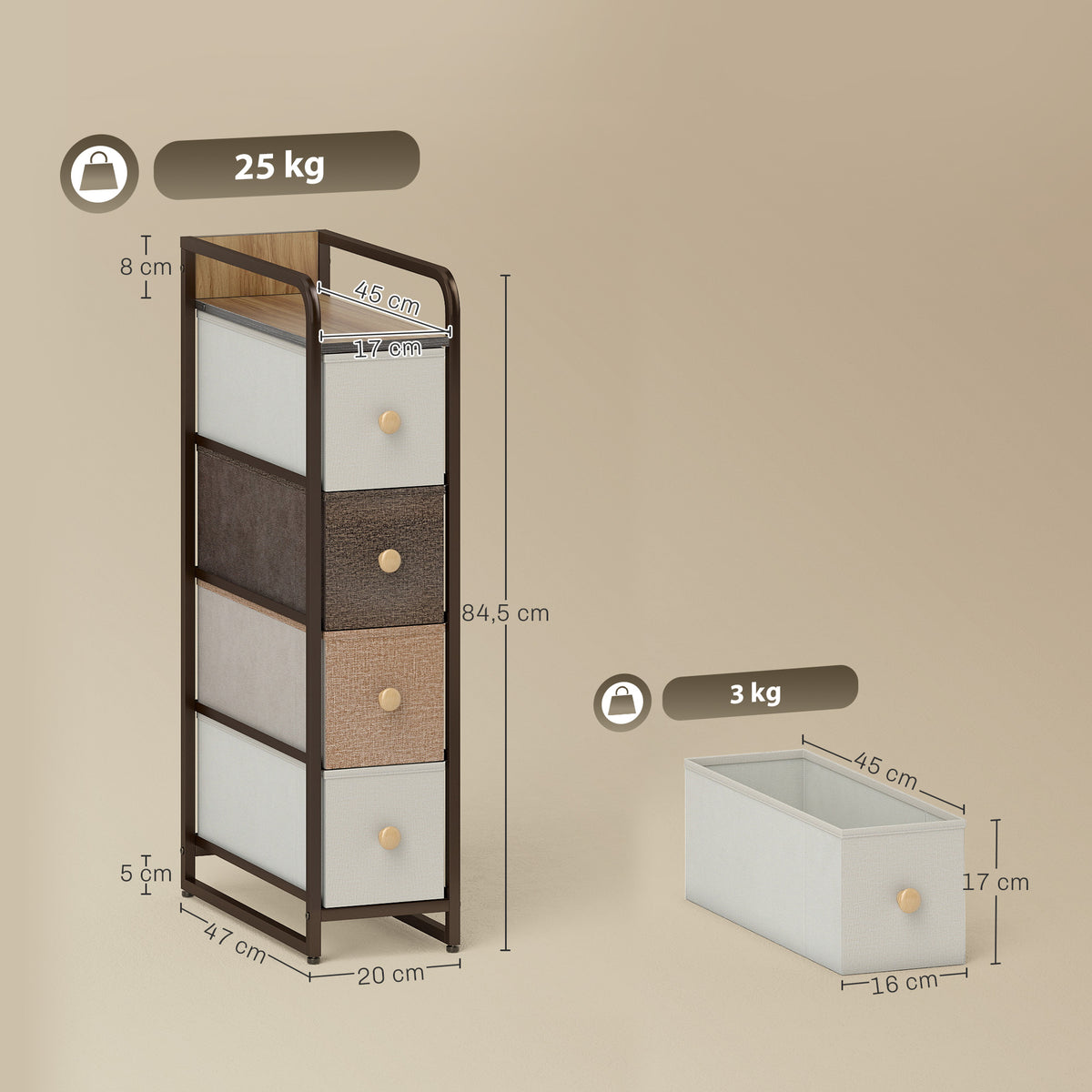 4-Drawer Storage Organiser Unit, Chest of Drawers with Steel Frame for Bedroom, Living Room, Mixed-Brown