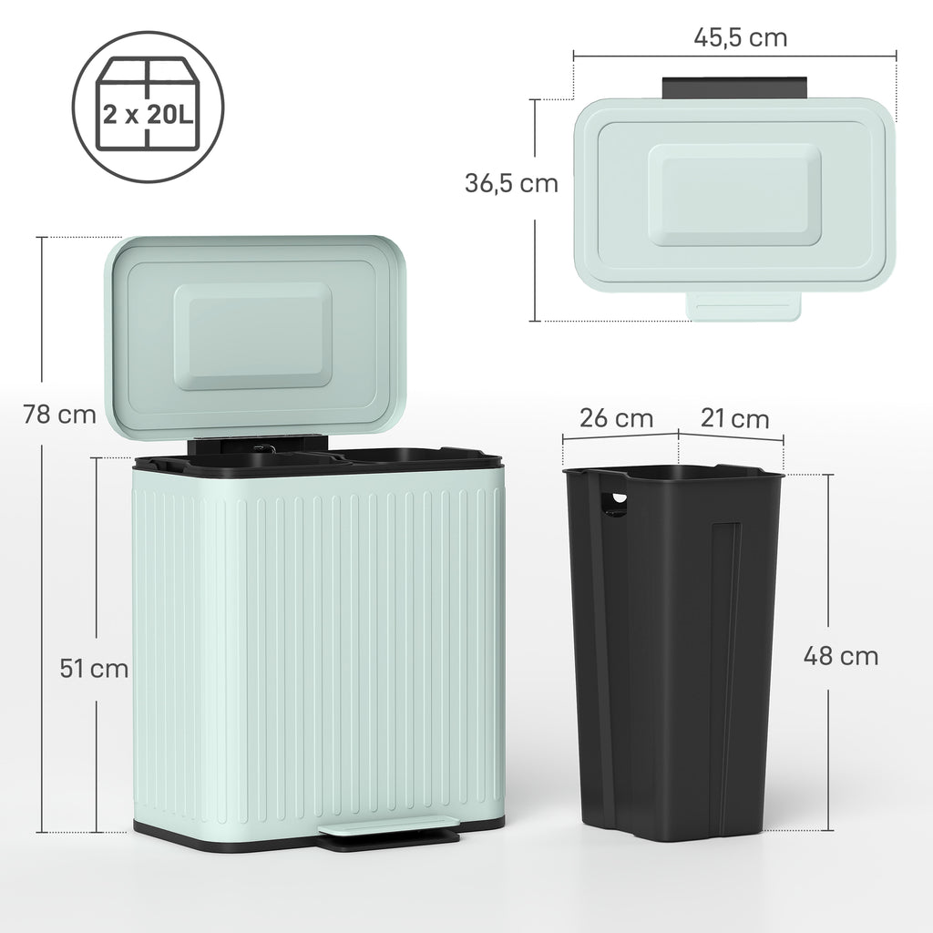 Küchenmülleimer, 2 x 20 L-Fächer, effiziente Mülltrennung, Fußpedal, Kunststoff, Metall, Grün