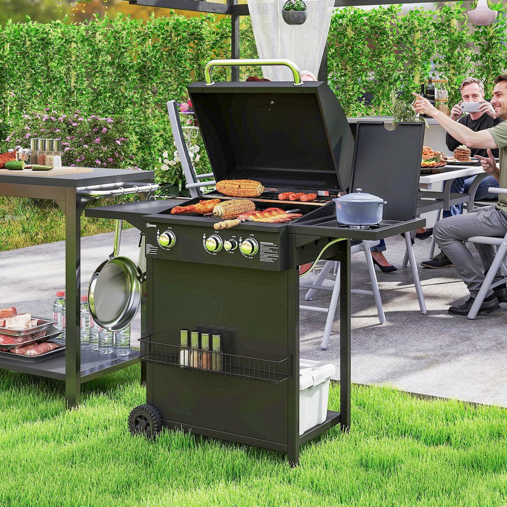 Gasgrill 9,5 KW Grillwagen inkl 4 Brenner Seitenkocher Rolle 123 x 57 x 98 cm Schwarz