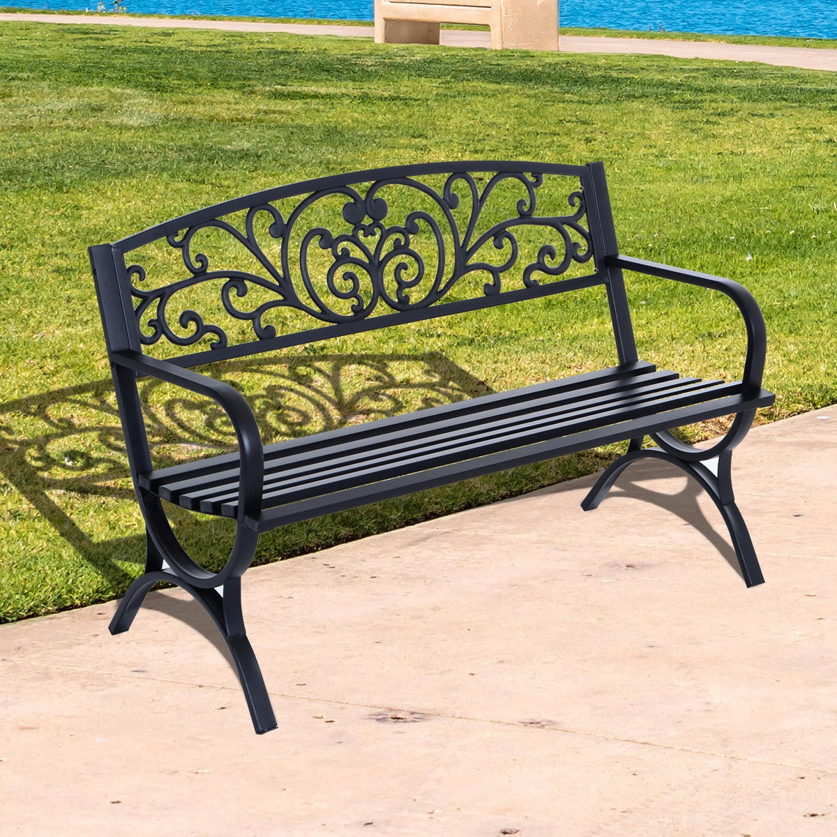 127L x 60W x 85H cm Powder Coated Garden Bench for Patio Backyard, Steel-Black