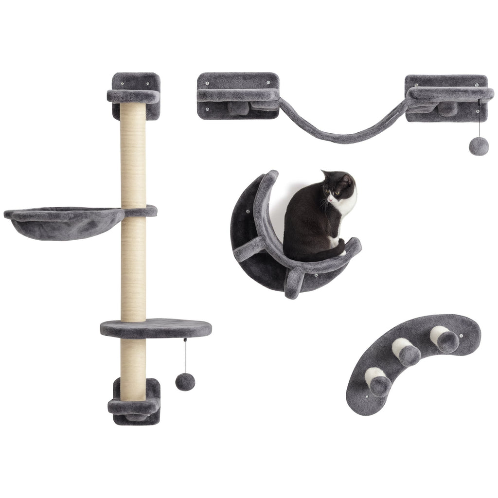 Four-Piece Cat Wall Furniture, with Hammock, Ladder, Platforms, Steps, for Indoor Use - Dark Grey