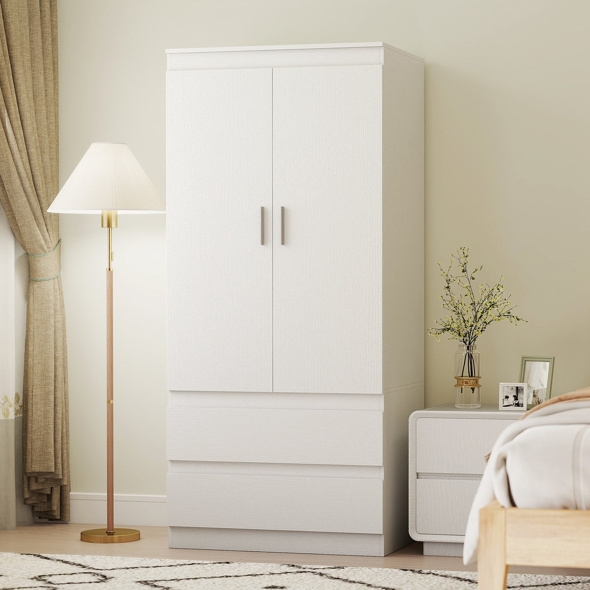 Schlafzimmer-Garderobe mit 2 Türen, 2 Schubladen, 3 Fächer, Holz, Weiß