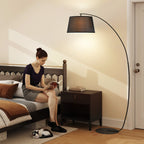 Stehlampe, Gebogene Stehleuchte mit Stoffschirm, Bodenlampe mit runder Basis, Metall, 105L x 47B x 190H cm, Schwarz