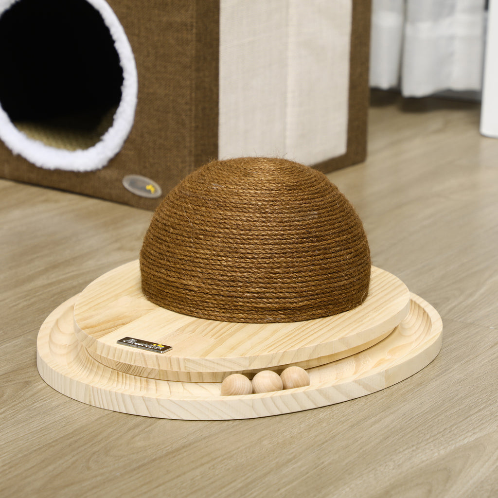 interaktives Katzenspielzeug, Kratzfläche, ovale Kugelbahn, Kiefernholz, 39,5 x 32,5 x 14,5 cm