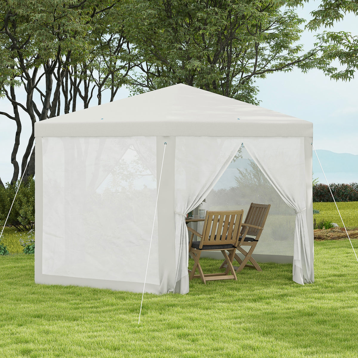 Gartenpavillon, 6-eckig, Netzvorhänge, Metallgestell, 3,94x3,412x2,5m, Creme